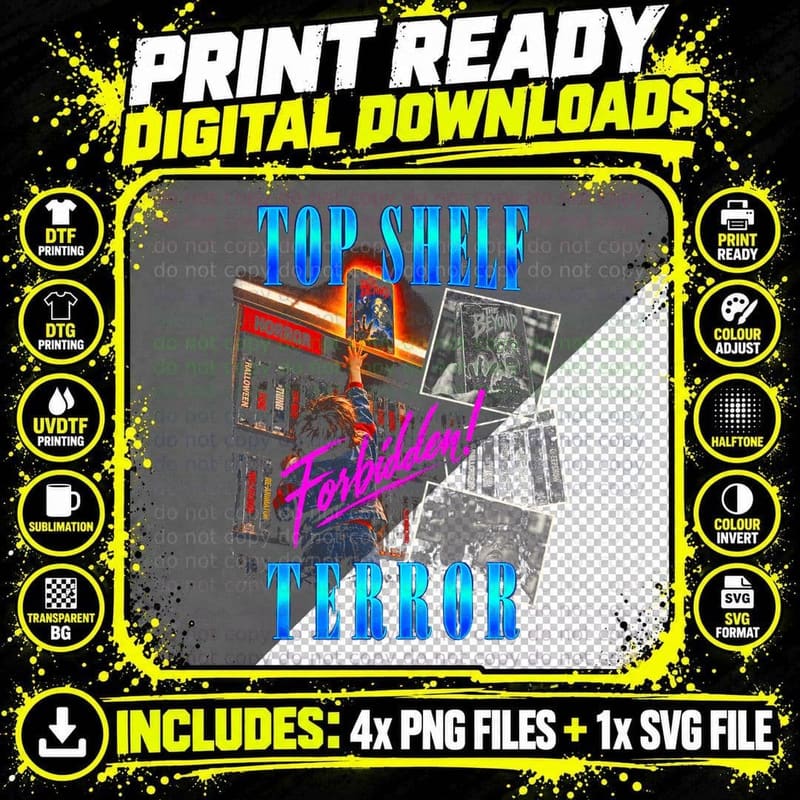 Top Shelf Terror Forbidden Kid Reaching Video Shop VHS Png SVG Digital Bundle