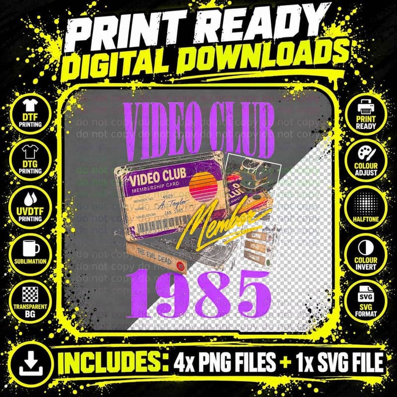 Video Club Member 1985 Membership Card Retro 80s VHS Png SVG Digital Bundle