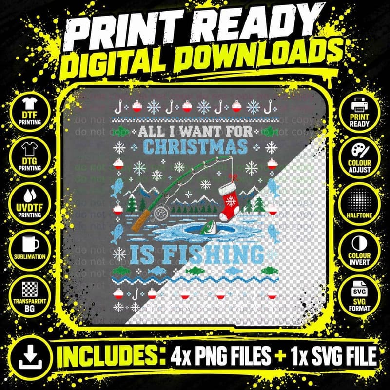 All I Want For Christmas Is Fishing Angler Ugly Xmas Png SVG Digital Bundle