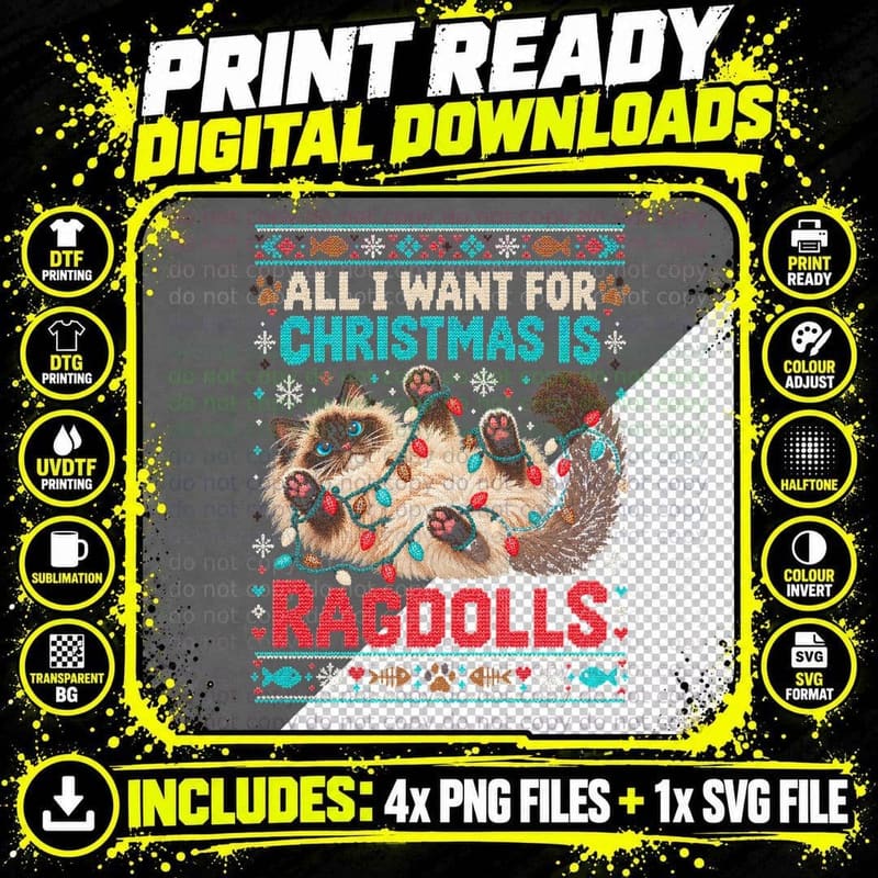 All I Want For Christmas Is Ragdolls Cat In Lights Ugly Png SVG Digital Bundle