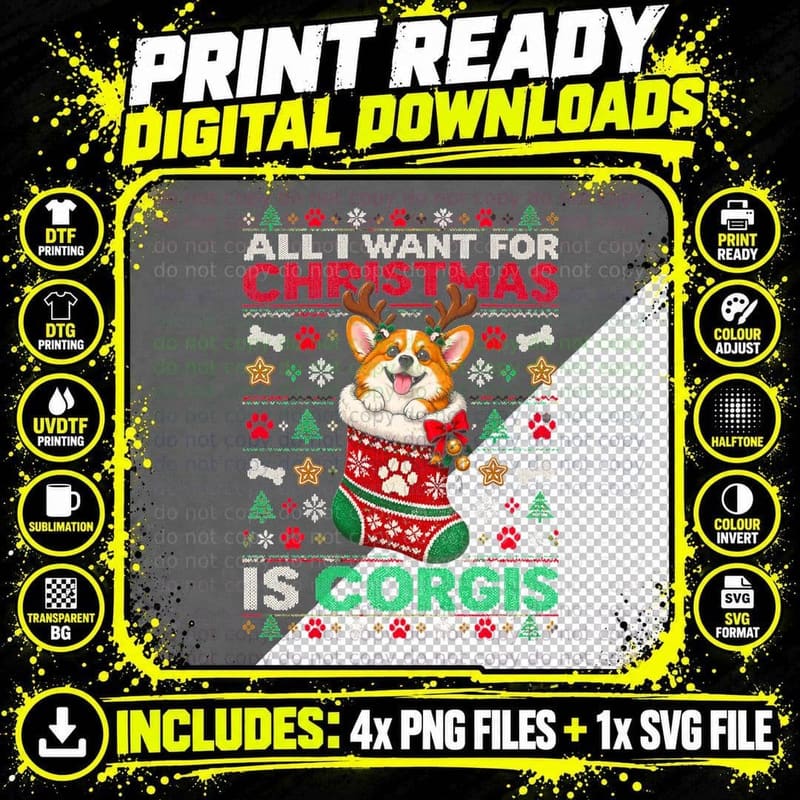 All I Want for Christmas Is Corgis Puppy in Stocking Png SVG Digital Bundle