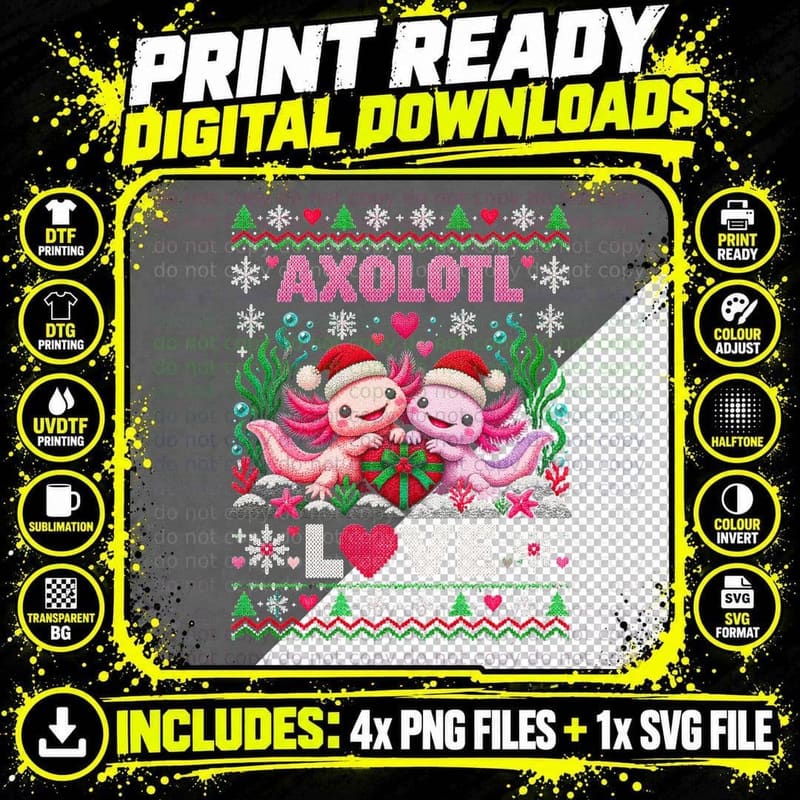 Axolotl Love Christmas Couple Pink Salamanders Ugly Png SVG Digital Bundle