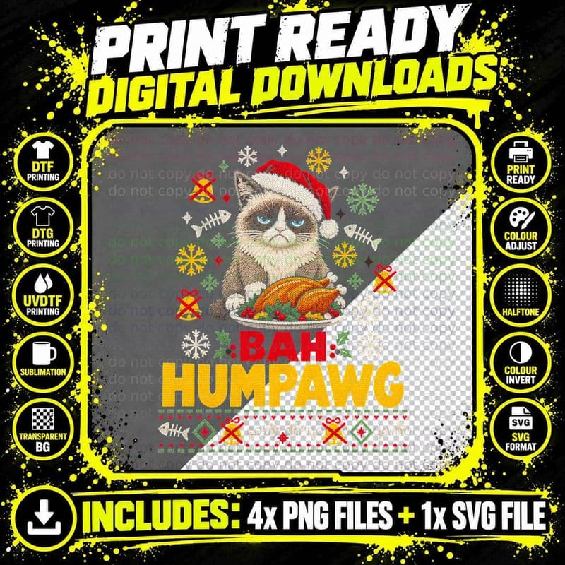 Bah Humpawg Scowling Cat Christmas Turkey Funny Ugly Png SVG Digital Bundle