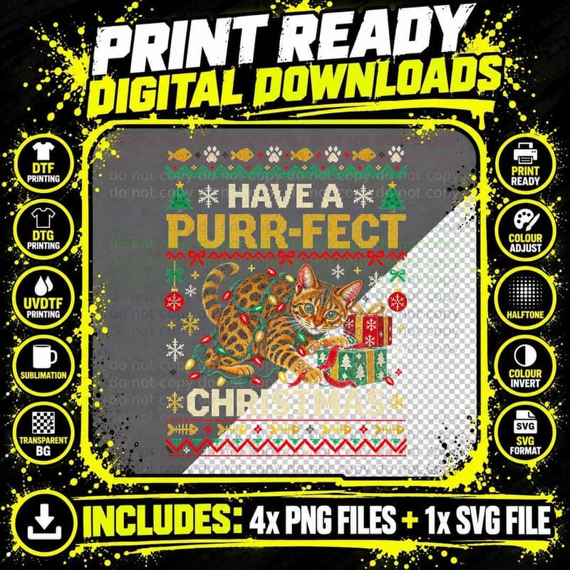 Bengal Cat Have a Purr-fect Christmas Fairy Lights Png SVG Digital Bundle