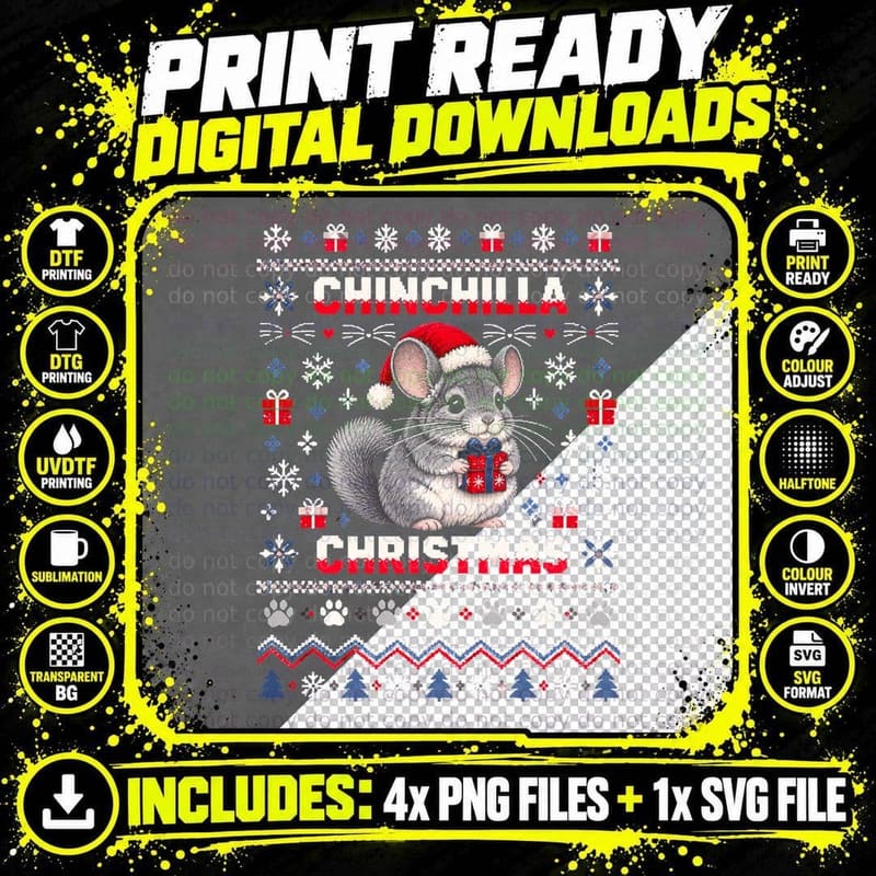 Chinchilla Christmas Grey Pet Holding Present Ugly Png SVG Digital Bundle