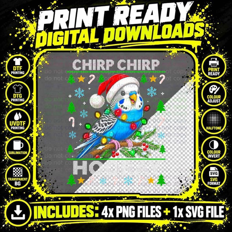 Chirp Chirp Hooray Blue Budgie Fairy Lights Christmas Png SVG Digital Bundle