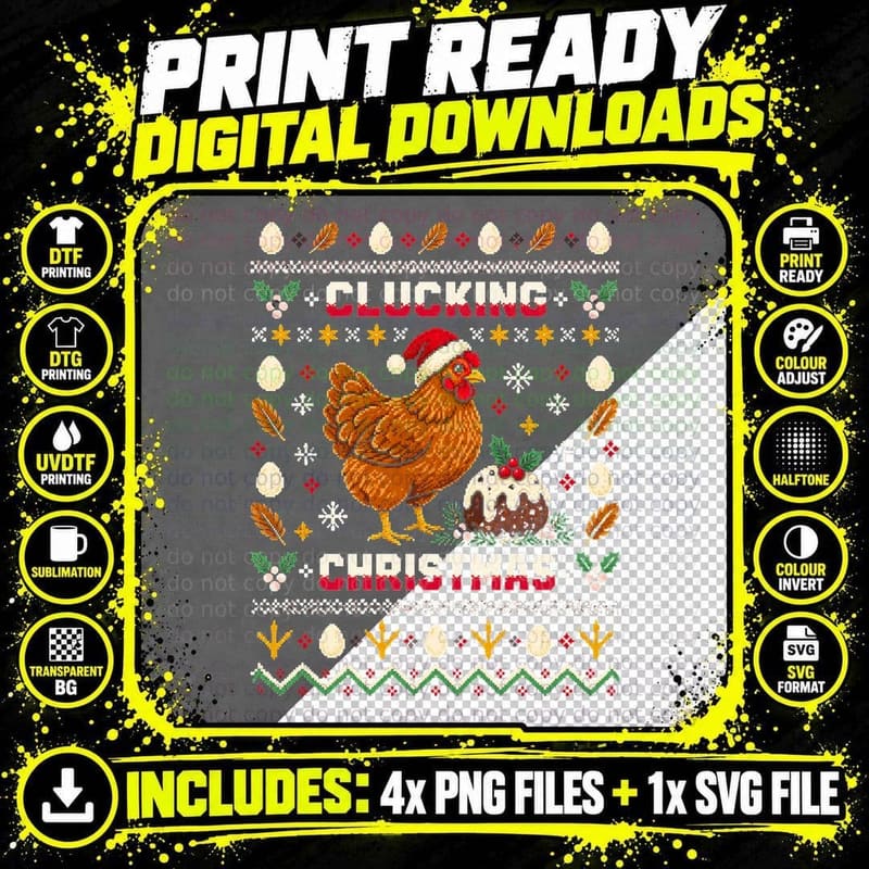 Clucking Christmas Brown Hen Plum Pudding Funny Ugly Png SVG Digital Bundle