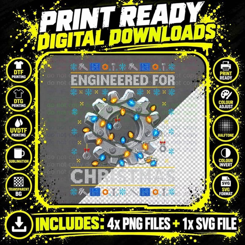 Engineered For Christmas Engineer Cog Fairy Lights Ugly Png SVG Digital Bundle