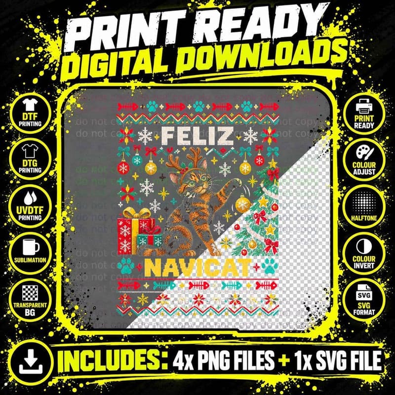 Feliz Navicat Tortoiseshell Cat Antlers Ugly Christmas Png SVG Digital Bundle