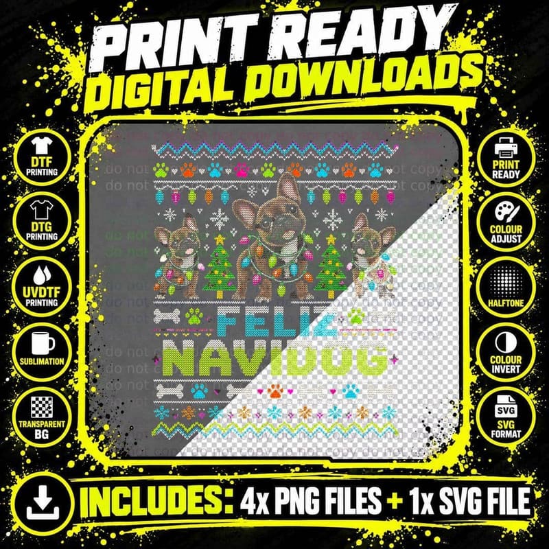 Feliz Navidog Brindle French Bulldogs Fairy Lights Xmas Png SVG Digital Bundle