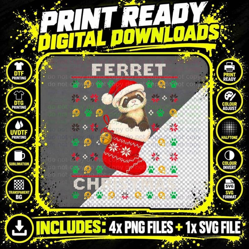 Ferret Christmas Cute Pet In Red Stocking Ugly Xmas Png SVG Digital Bundle