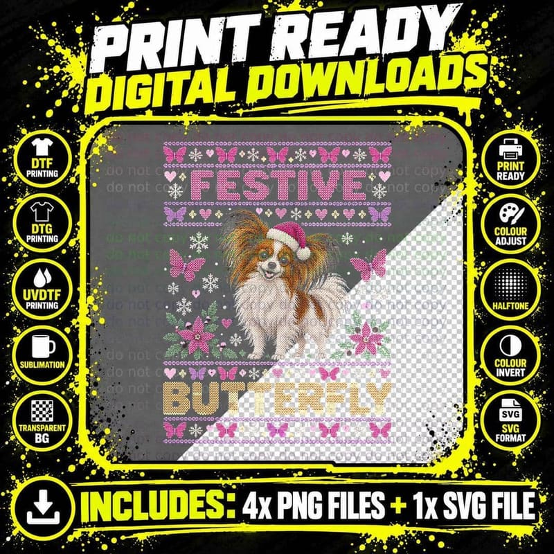 Festive Butterfly Papillon Dog Santa Hat Christmas Png SVG Digital Bundle