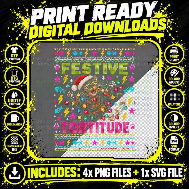 Festive Tortitude Tortoiseshell Cat Fairy Lights Ugly Png SVG Digital Bundle
