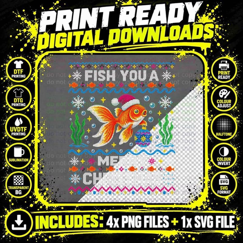 Fish You a Merry Christmas Goldfish Santa Hat Ugly Png SVG Digital Bundle