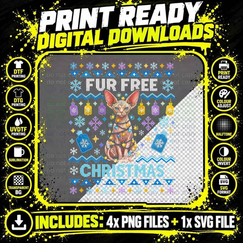 Fur Free Christmas Sphynx Hairless Cat Fairy Lights Png SVG Digital Bundle