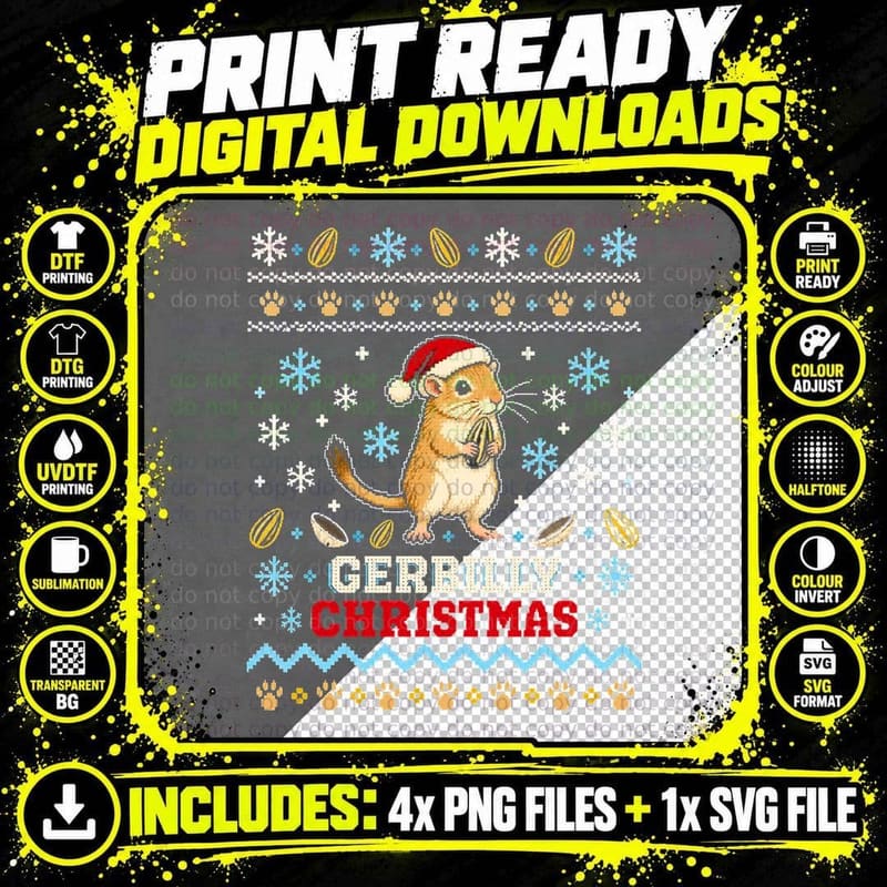 Gerbilly Christmas Gerbil Sunflower Seed Cute Pet Ugly Png SVG Digital Bundle