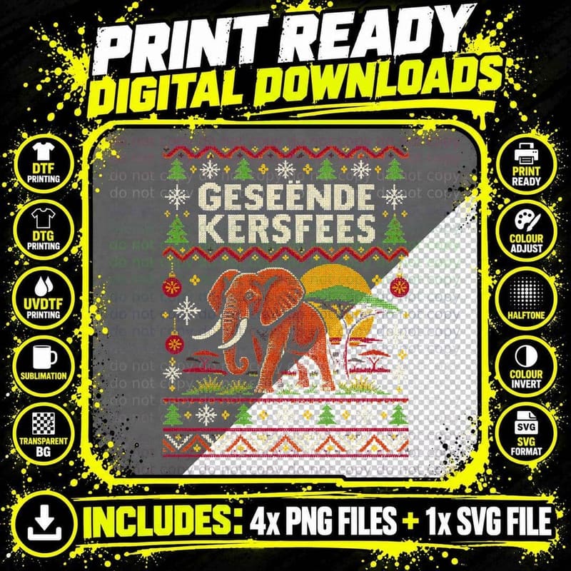 Geseende Kersfees African Elephant Afrikaans Christmas Png SVG Digital Bundle