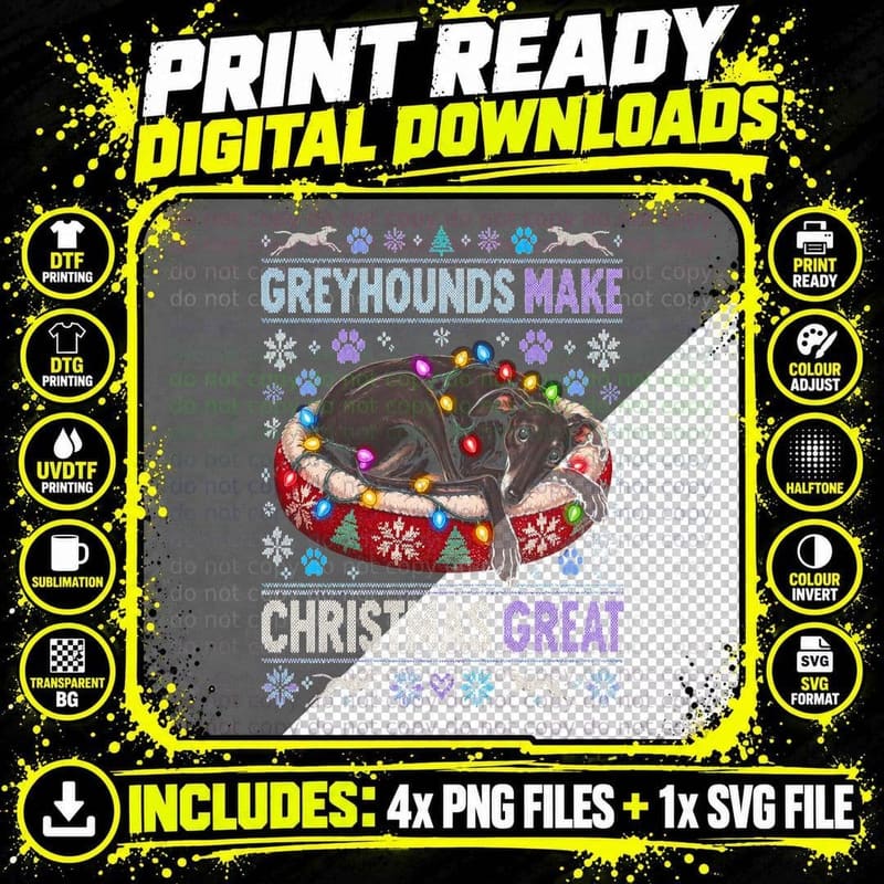 Greyhounds Make Christmas Great Black Greyhound Dog Bed Png SVG Digital Bundle