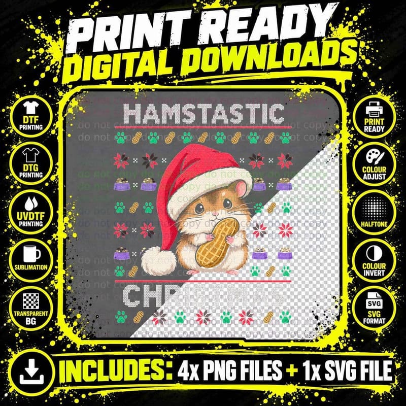 Hamstastic Christmas Hamster Holding Peanut Cute Ugly Png SVG Digital Bundle