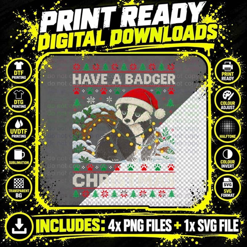 Have a Badger Christmas Woodland Wildlife Fairy Lights Png SVG Digital Bundle