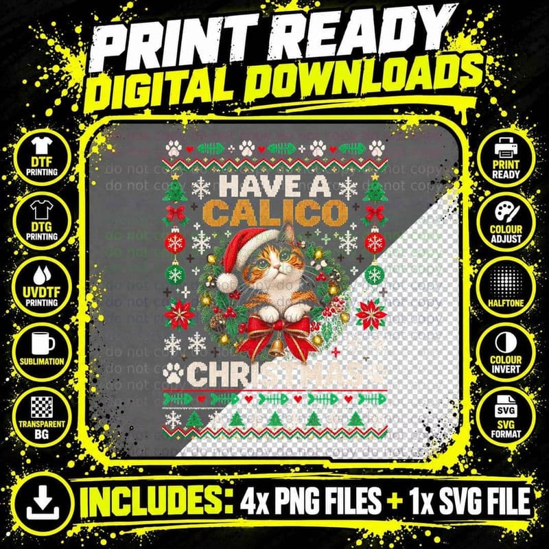 Have a Calico Christmas Kitten in Wreath Ugly Sweater Png SVG Digital Bundle