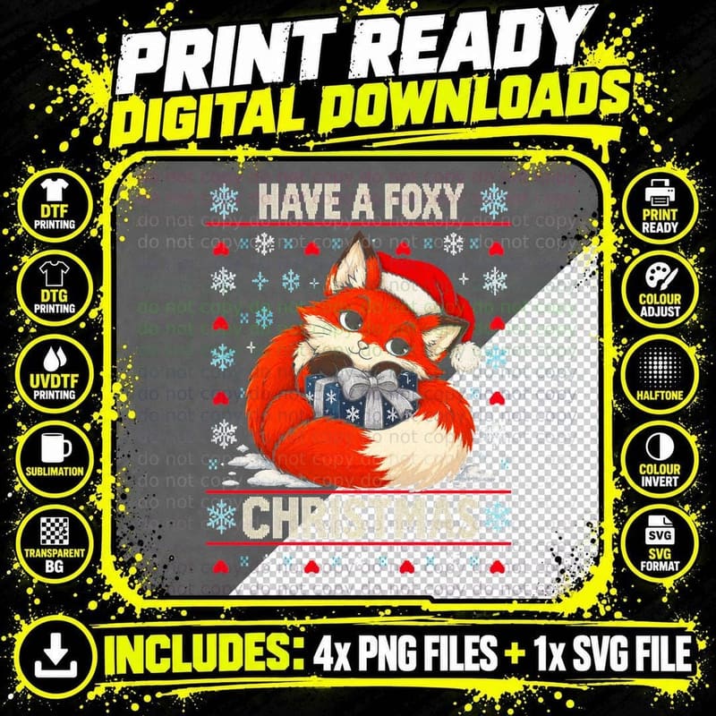 Have a Foxy Christmas Red Fox Curled with Present Ugly Png SVG Digital Bundle