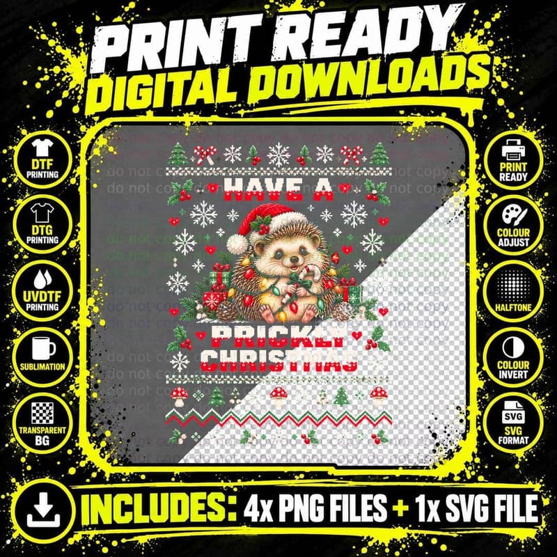 Have a Prickly Christmas Hedgehog Candy Cane Ugly Png SVG Digital Bundle