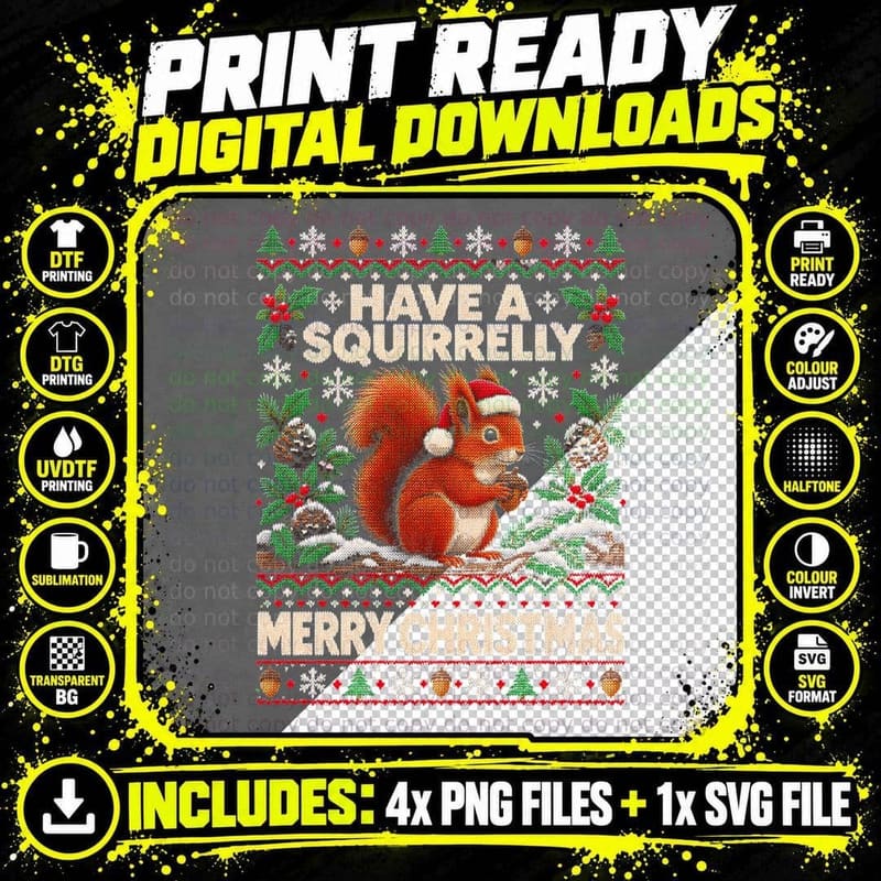 Have a Squirrelly Merry Christmas Red Squirrel Woodland Png SVG Digital Bundle