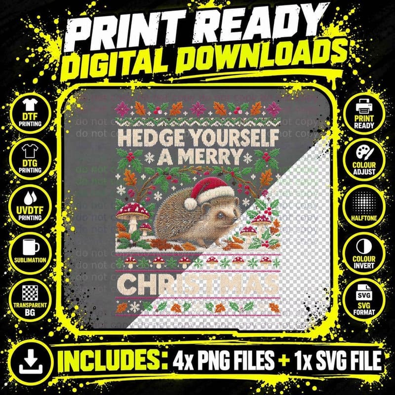 Hedge Yourself a Merry Christmas Hedgehog Toadstool Png SVG Digital Bundle