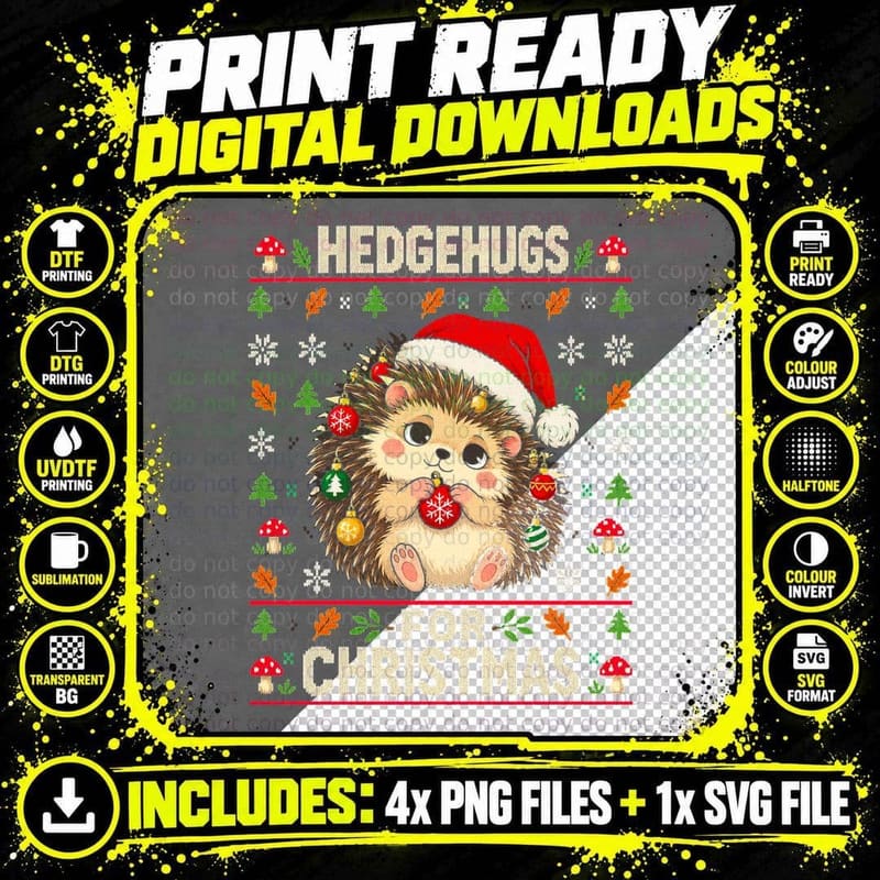 Hedgehugs for Christmas Cute Hedgehog Bauble Santa Hat Png SVG Digital Bundle