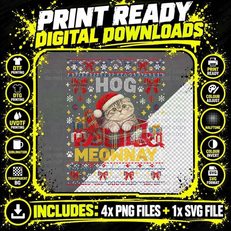 Hog Meownay Scottish Fold Kitten Tartan Box Christmas Png SVG Digital Bundle