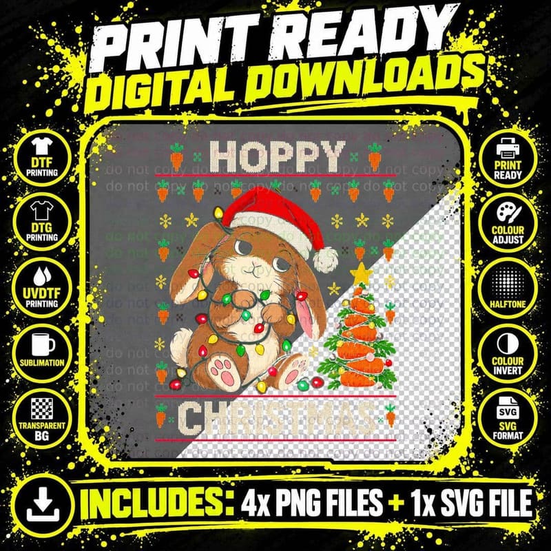 Hoppy Christmas Lop Eared Bunny Rabbit Fairy Lights Png SVG Digital Bundle