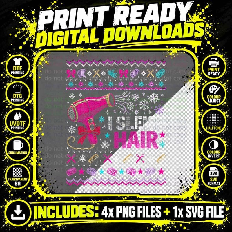 I Sleigh Hair Hairdresser Pink Hairdryer Christmas Ugly Png SVG Digital Bundle