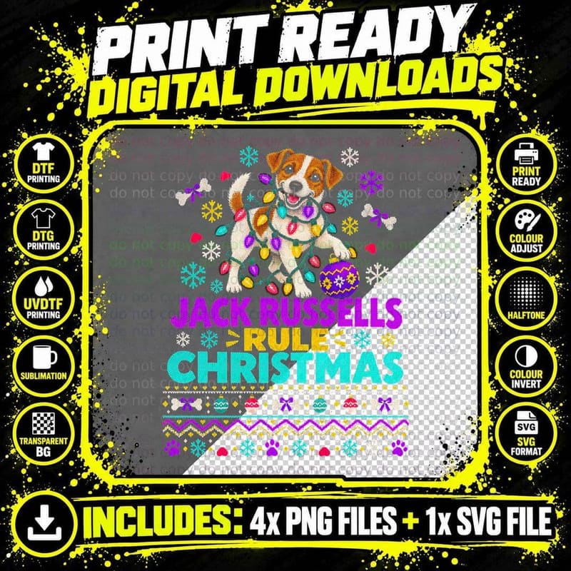 Jack Russells Rule Christmas Terrier Tangled in Fairy Png SVG Digital Bundle