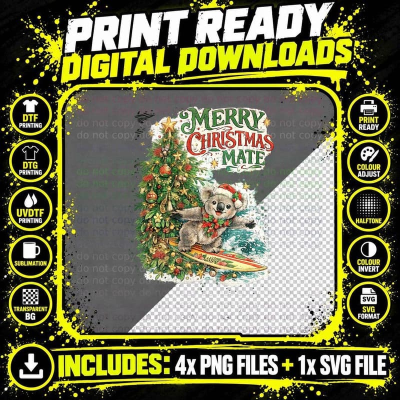 Koala Surfing Merry Christmas Mate Aussie Watercolour Png SVG Digital Bundle