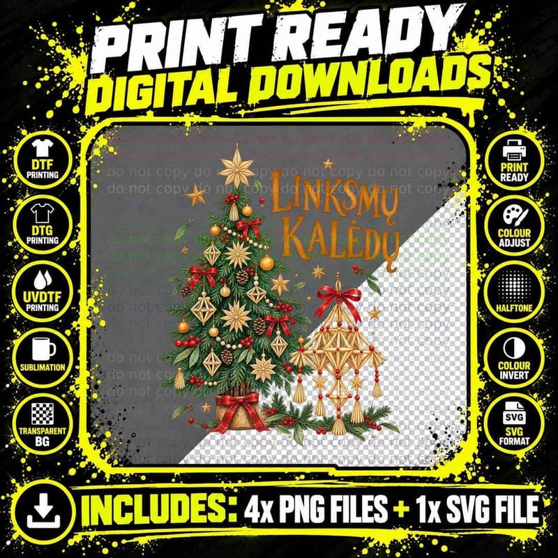 Linksmu Kaledu Lithuanian Straw Sodas Christmas Tree Png SVG Digital Bundle