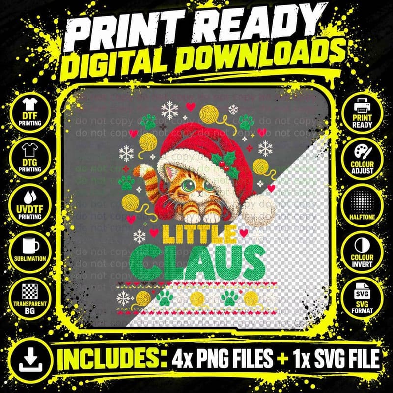 Little Claus Ginger Kitten Under Santa Hat Christmas Png SVG Digital Bundle
