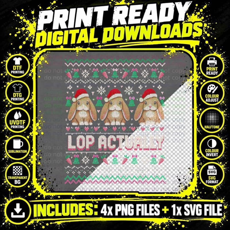 Lop Actually Three Bunny Rabbits Santa Hats Christmas Png SVG Digital Bundle