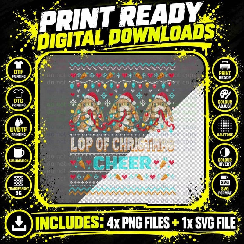 Lop Of Christmas Cheer Bunnies In Fairy Lights Ugly Png SVG Digital Bundle