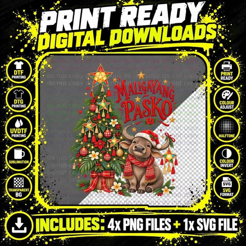 Maligayang Pasko Filipino Carabao Parol Christmas Tree Png SVG Digital Bundle