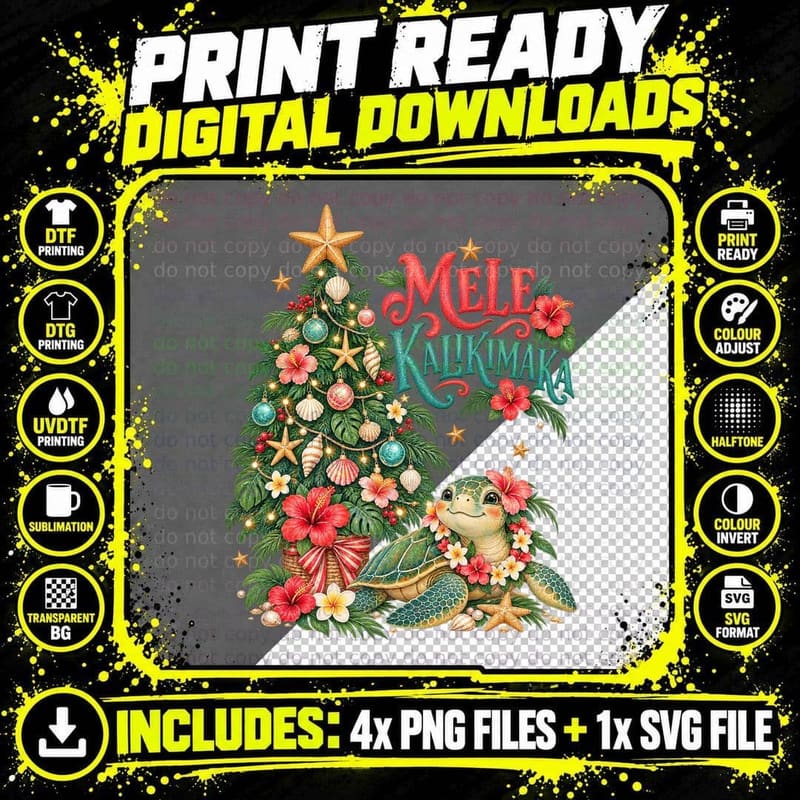 Mele Kalikimaka Hawaiian Honu Sea Turtle Christmas Tree Png SVG Digital Bundle