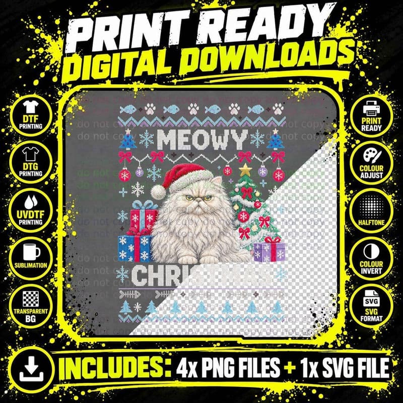 Meowy Christmas Grumpy Persian Cat Presents Tree Ugly Png SVG Digital Bundle
