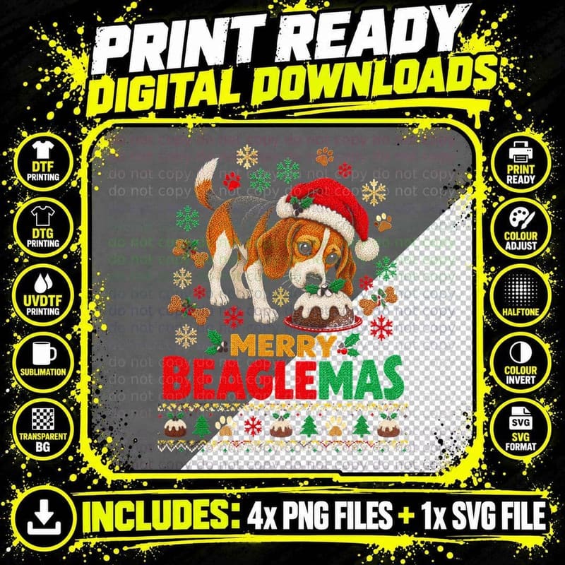 Merry Beaglemas Beagle Christmas Pudding Ugly Sweater Png SVG Digital Bundle