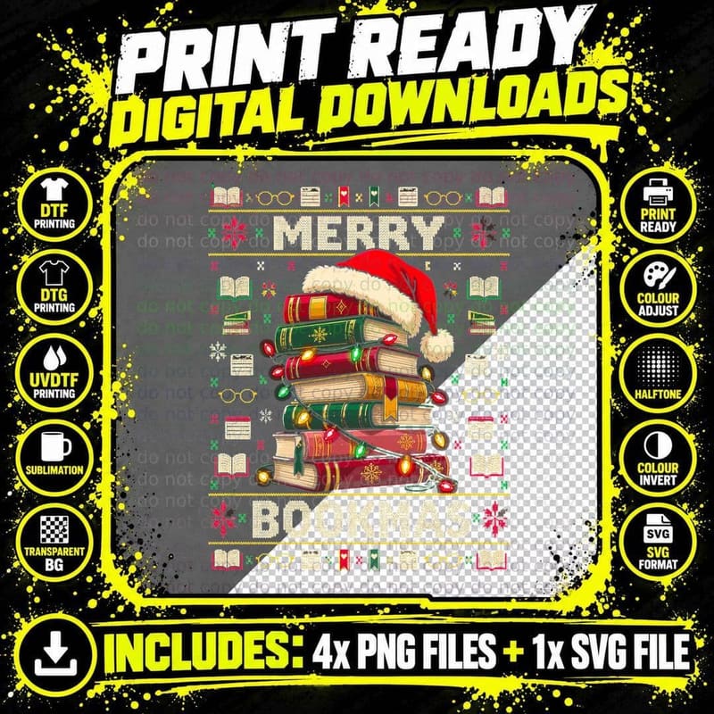 Merry Bookmas Librarian Stack Of Books Ugly Xmas Sweater Png SVG Digital Bundle