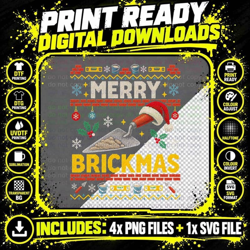 Merry Brickmas Bricklayer Trowel Santa Hat Ugly Xmas Png SVG Digital Bundle