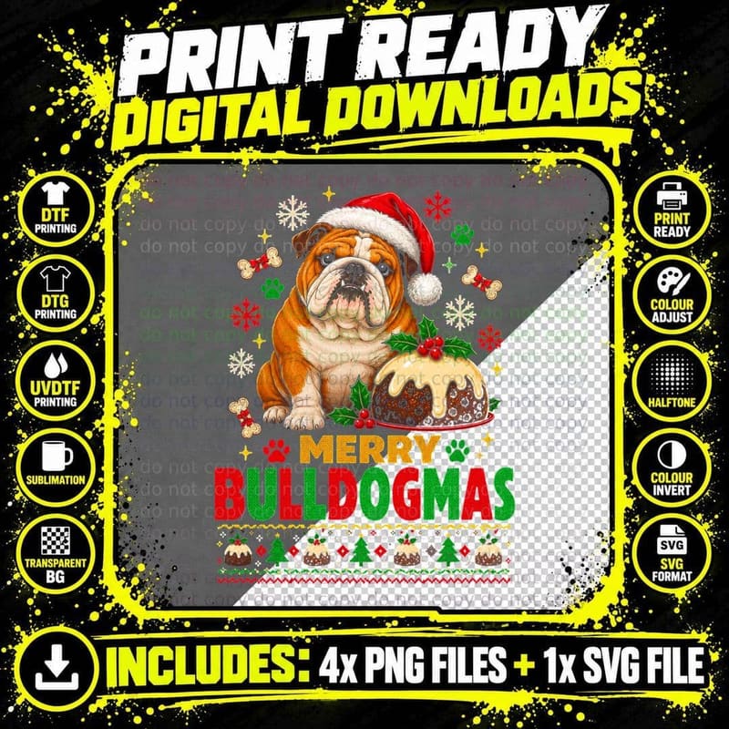 Merry Bulldogmas English Bulldog Christmas Pudding Ugly Png SVG Digital Bundle