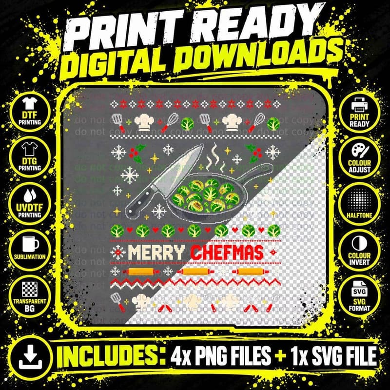 Merry Chefmas Chef Knife Pan Of Sprouts Cook Christmas Png SVG Digital Bundle