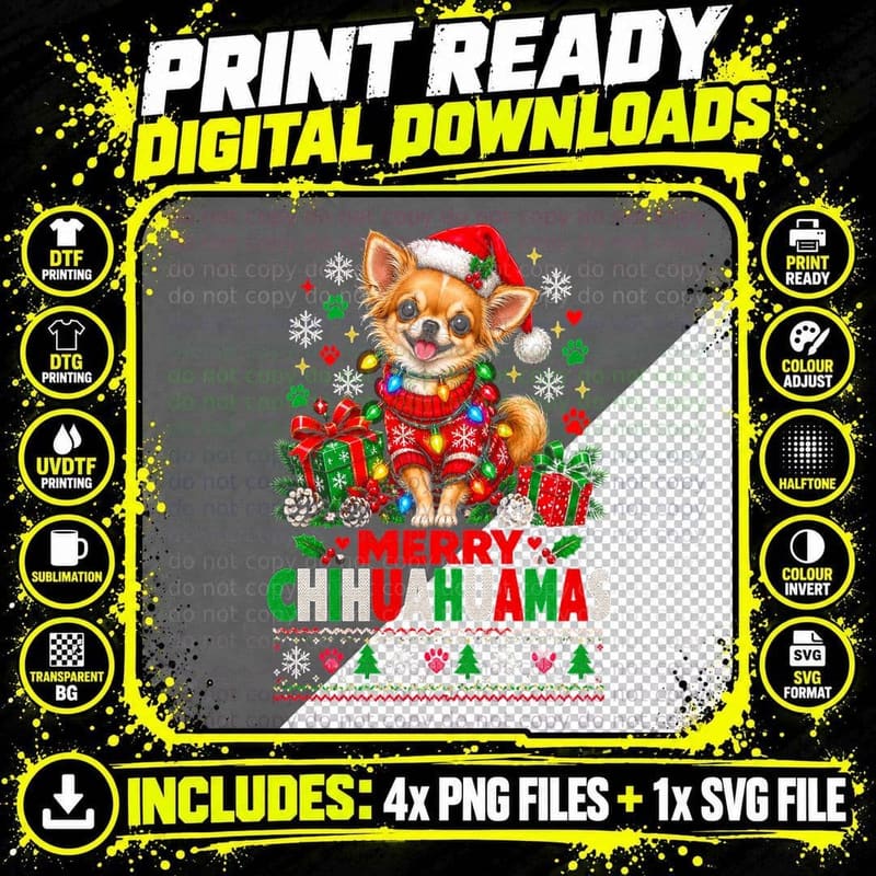 Merry Chihuahuamas Chihuahua Red Jumper Fairy Lights Png SVG Digital Bundle