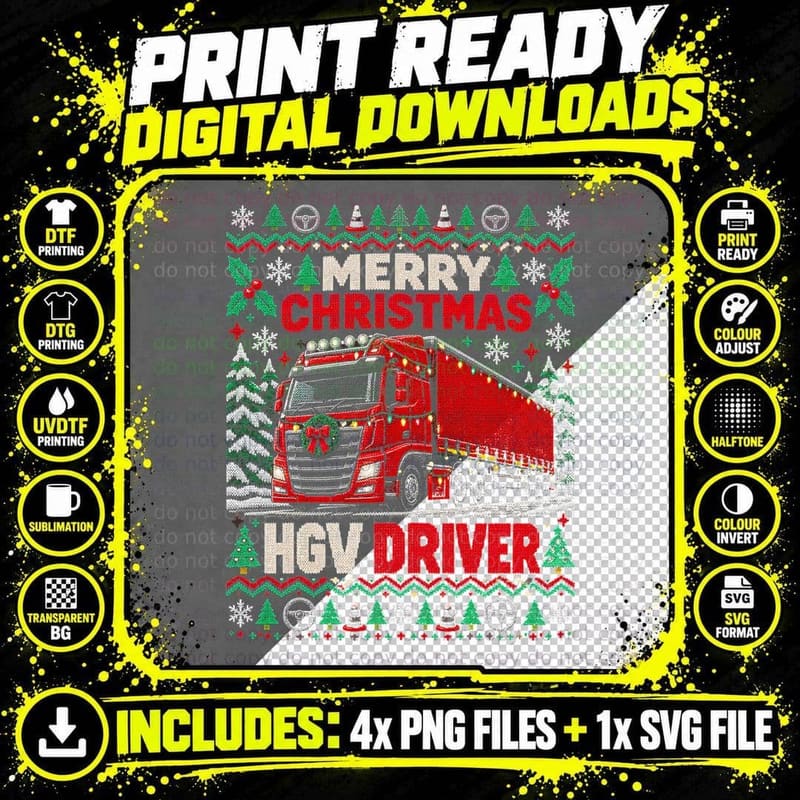 Merry Christmas HGV Driver Red Lorry Truck Ugly Xmas Png SVG Digital Bundle