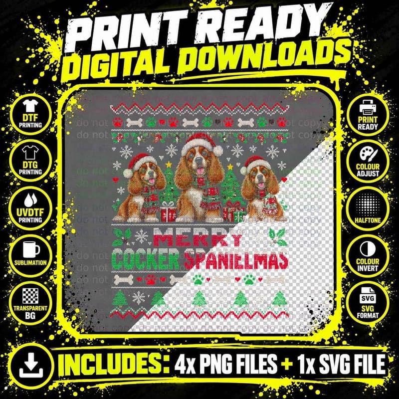 Merry Cocker Spanielmas Three Spaniels Santa Hats Ugly Png SVG Digital Bundle